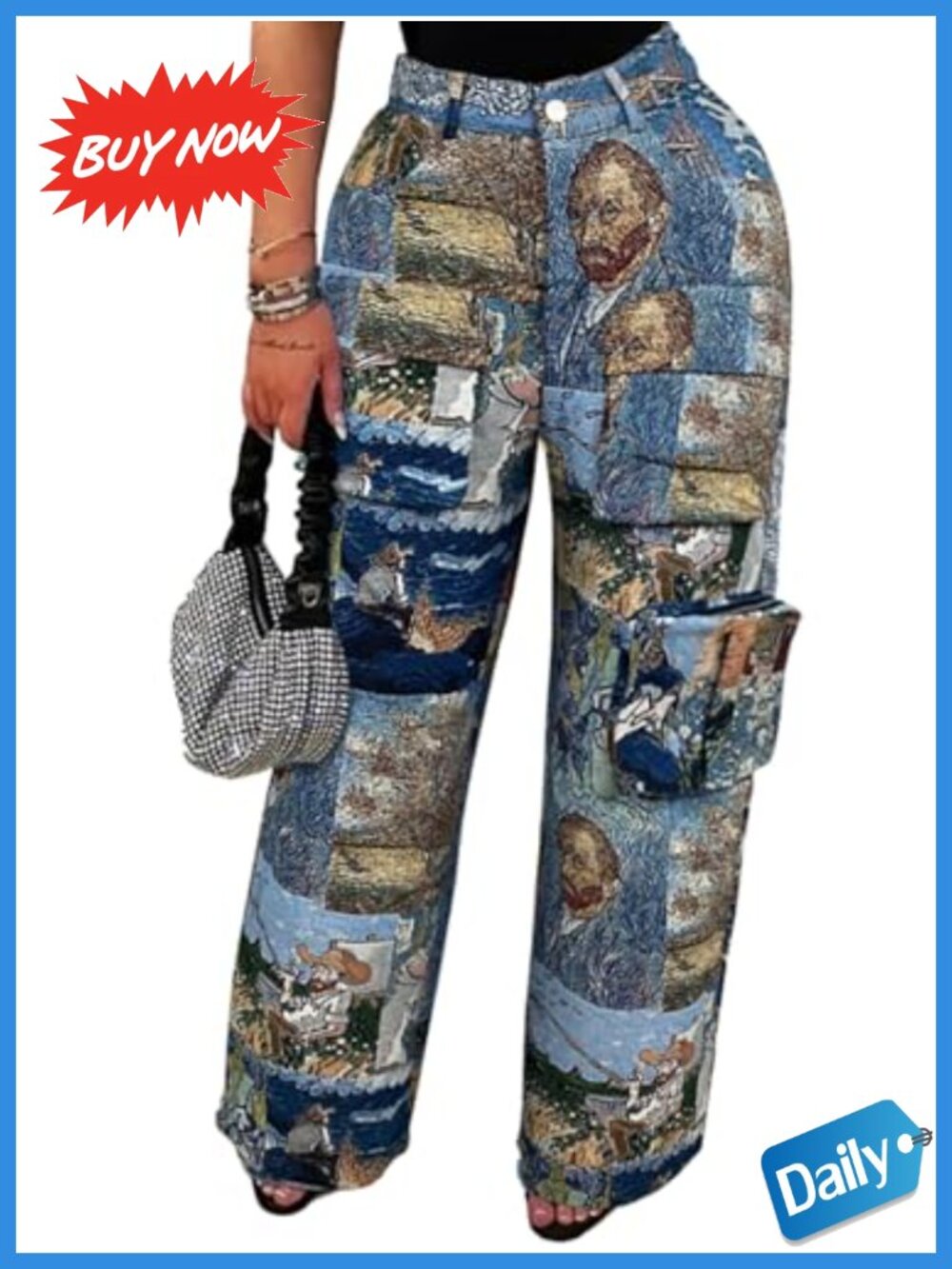 Women's High Waisted Wide Leg Cargo Pants Polyester Spandex Art Print Streetwear